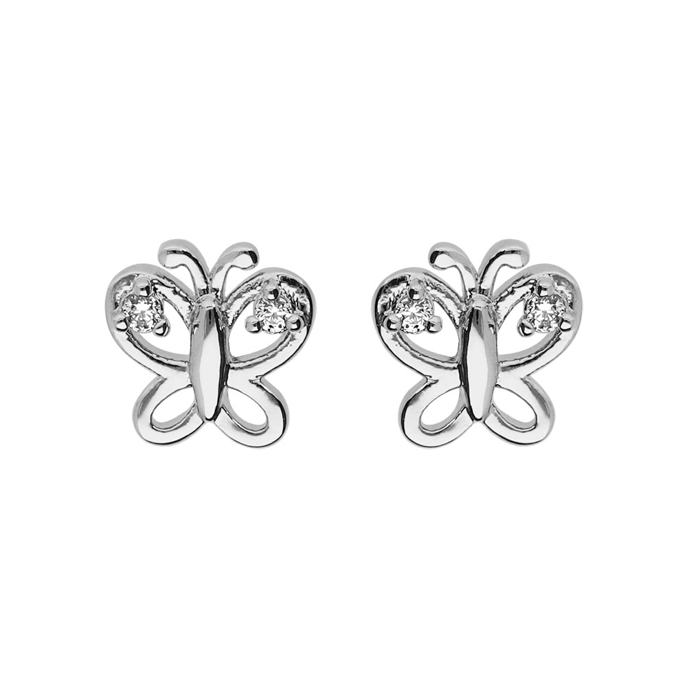 Boucles d\'oreille en argent rhodi papillon ajour oxydes blancs et fermoir poussette - Vue 1