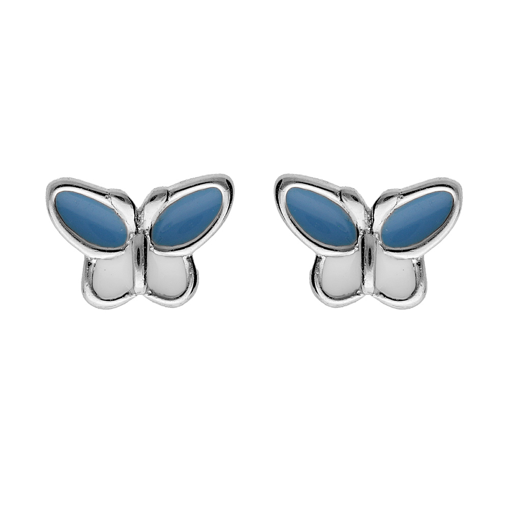 Boucles d\'oreille en argent rhodi� papillon bleu et blanc et fermoir poussette - Vue 1