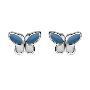 Boucles d\'oreille en argent rhodi papillon bleu et blanc et fermoir poussette - Vue 1