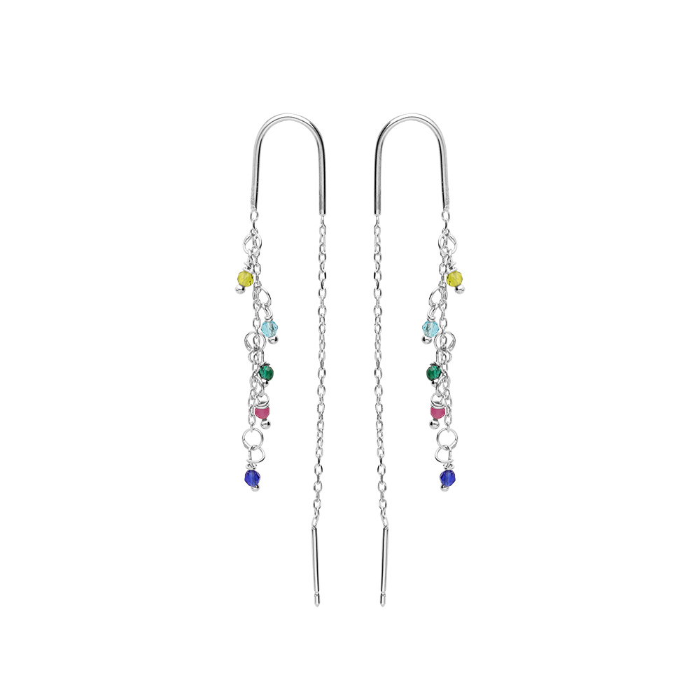 Boucles d\'oreille en argent rhodi� passante avec cha�nette et pampilles empierr�s multi couleurs - Vue 1
