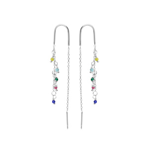 Boucles d\'oreille en argent rhodi passante avec chanette et pampilles empierrs multi couleurs - Vue 1