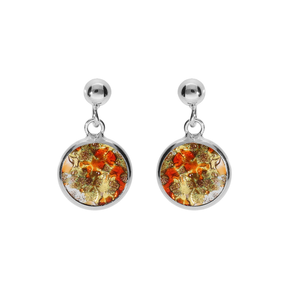 Boucles d\'oreille en argent rhodi� pastille 10mm Murano v�ritable bor�ale orange et dor� avec des touches de rouge - Vue 1