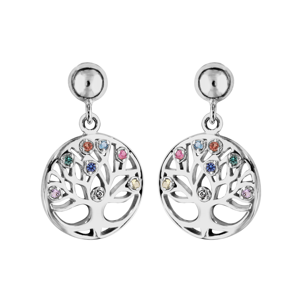 Boucles d\'oreille en argent rhodi� pastille arbre de vie avec pierres multi couleurs et fermoir poussette - Vue 1
