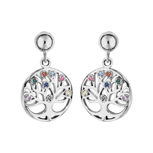 Boucles d\'oreille en argent rhodi pastille arbre de vie avec pierres multi couleurs et fermoir poussette - Vue 1