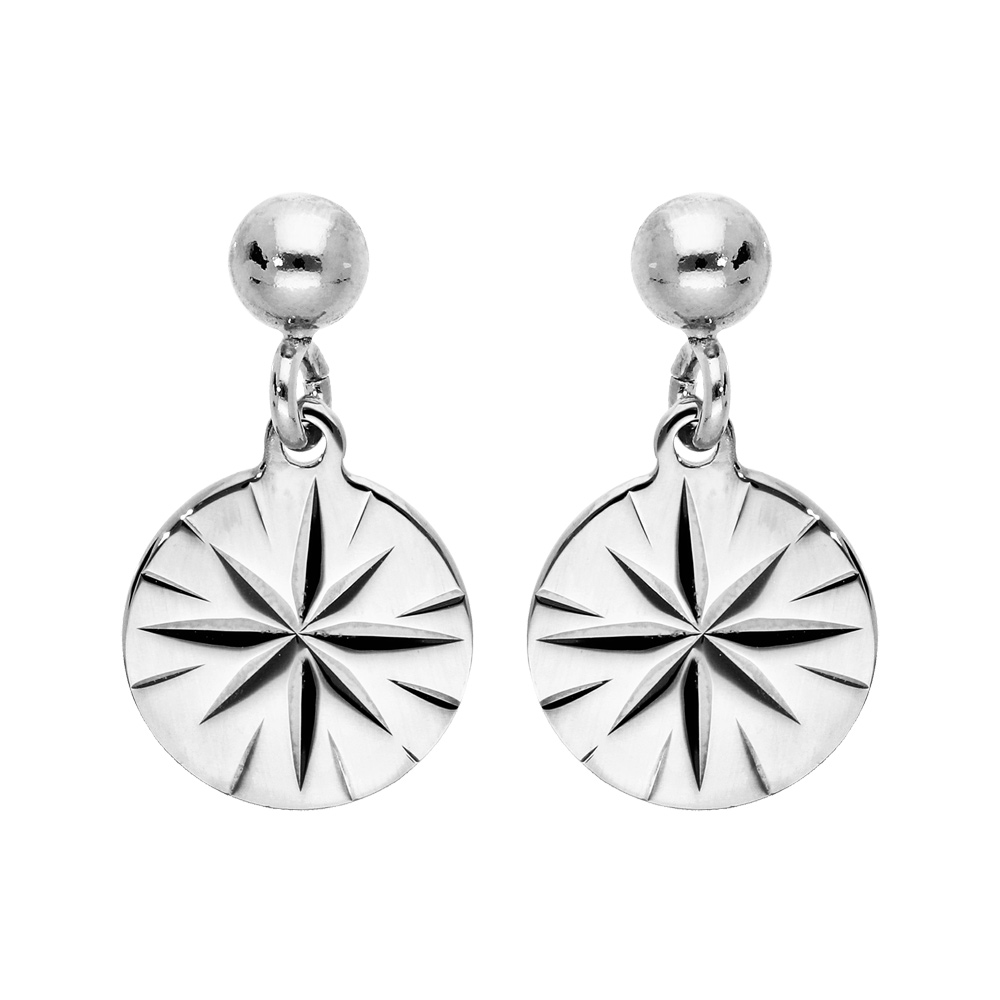 Boucles d\'oreille en argent rhodi� pastille �toile diamant�e suspendue et fermoir poussette - Vue 1