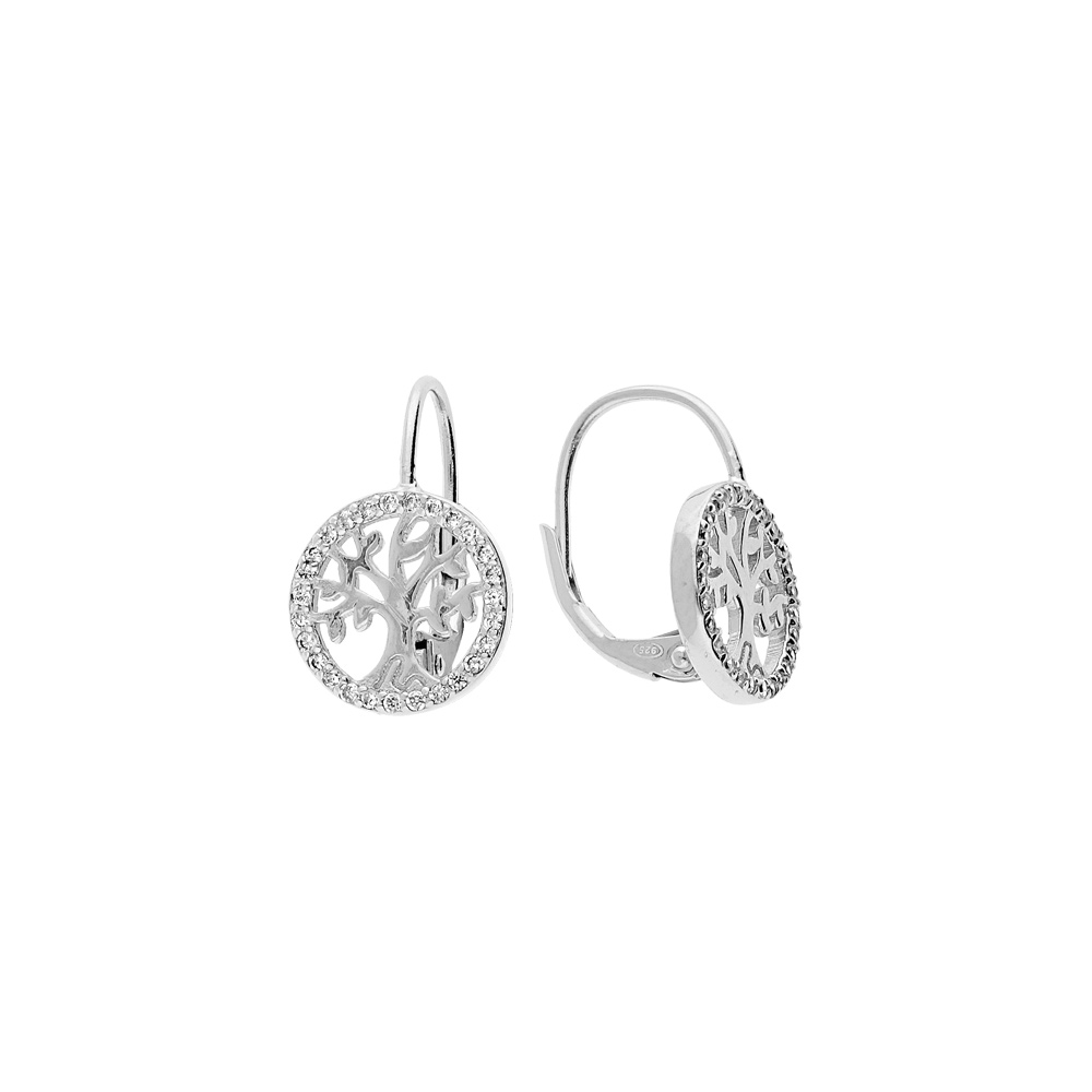 Boucles d\'oreille en argent rhodi� pastille motif arbre de vie avec oxydes blancs sertis et fermoir poussette - Vue 1