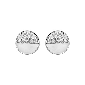 Boucles d\'oreille en argent rhodi pastille oxydes blancs demi face et fermoir poussette - Vue 1