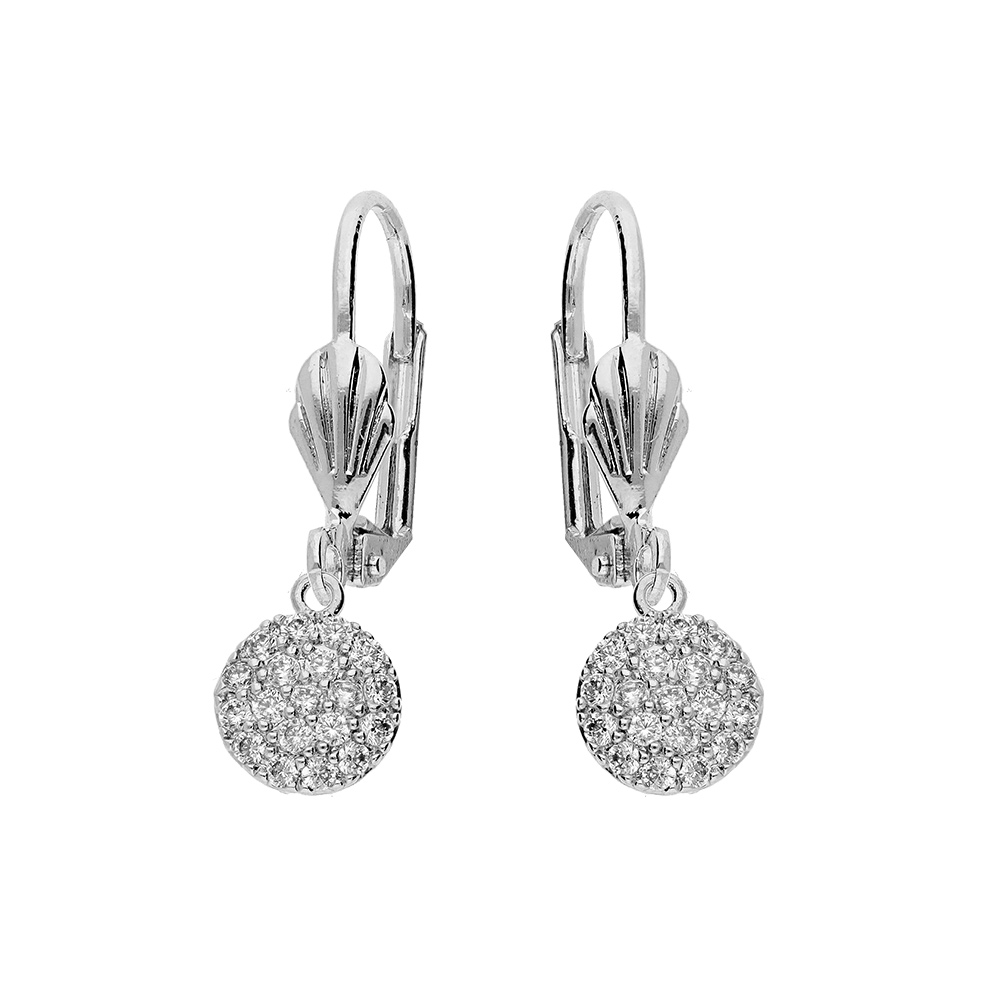 Boucles d\'oreille en argent rhodi� pastille pav�e d\'oxydes blancs sertis et ferrmoir poussette - Vue 1