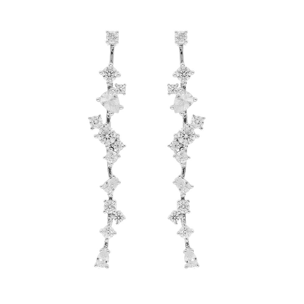 Boucles d\'oreille en argent rhodi� pendante avec cascade d\'oxydes blancs sertis fermoir poussette - Vue 1