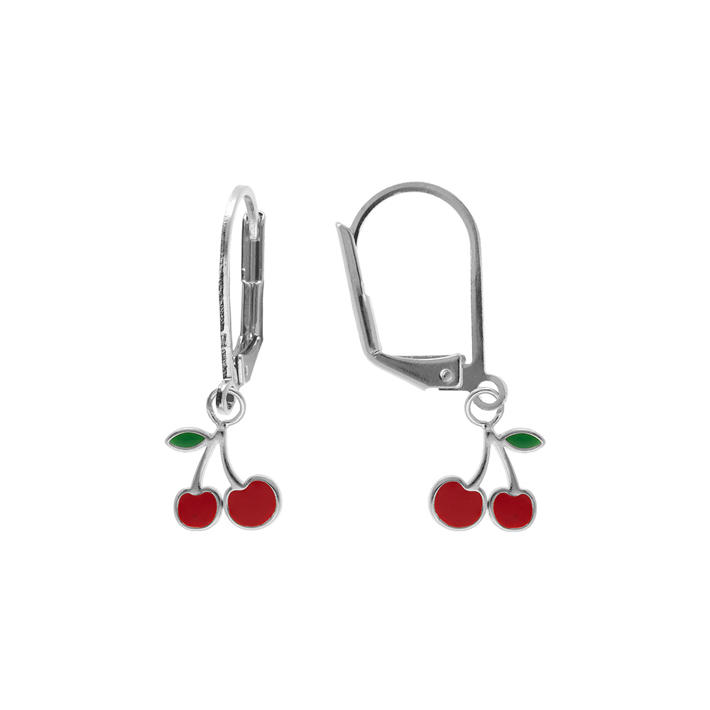 Boucles d\'oreille en argent rhodi� pendentif cerise, fermoir dormeuse - Vue 1