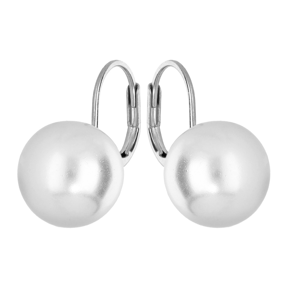 Boucles d\'oreille en argent rhodi� perle blanche de synth�se 12mm et fermoir dormeuse - Vue 1