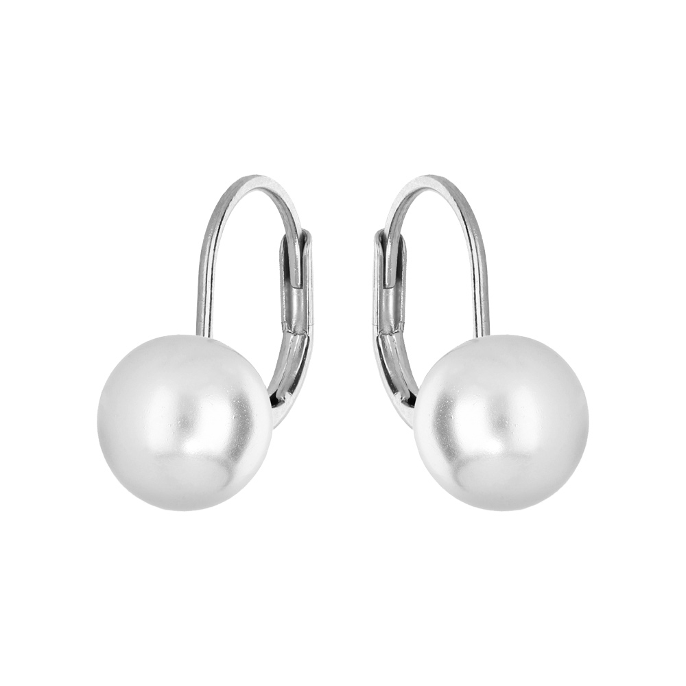 Boucles d\'oreille en argent rhodi perle blanche de synthse 8mm et fermoir dormeuse - Vue 1