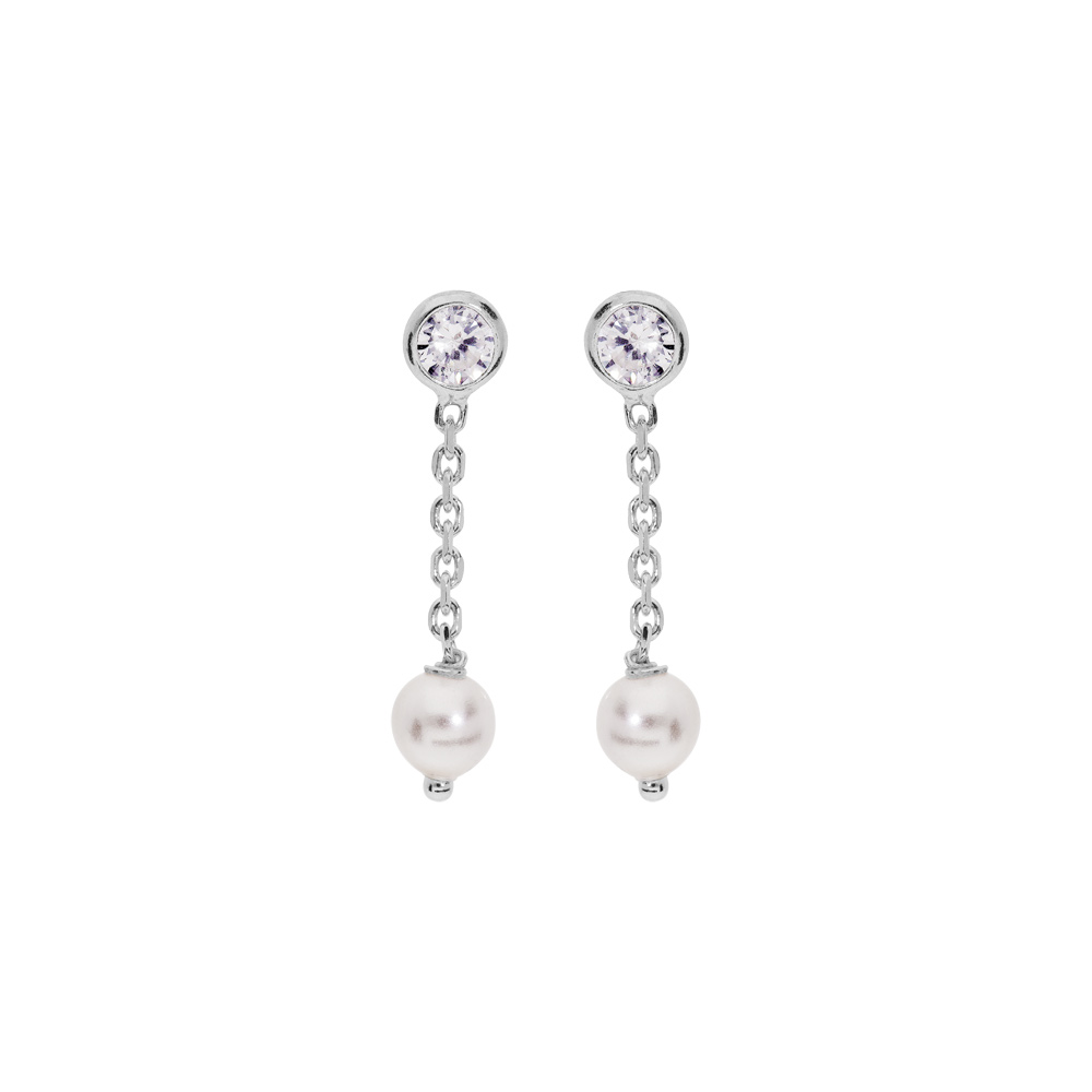 Boucles d\'oreille en argent rhodi perle blanche de synthse suspendue avec oxyde blanc serti et fermoir poussette - Vue 1