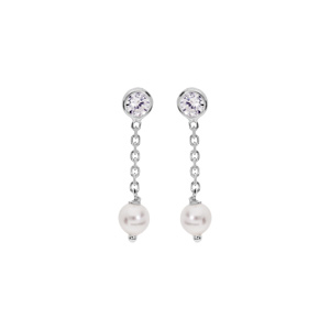 Boucles d\'oreille en argent rhodi perle blanche de synthse suspendue avec oxyde blanc serti et fermoir poussette - Vue 1