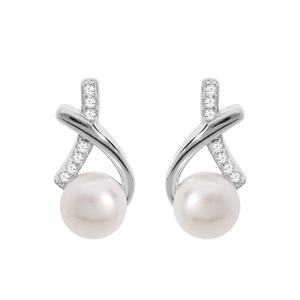 Boucles d\'oreille en argent rhodi perle de culture d\'eau douce blanche et oxydes blancs sertis et fermoir poussette - Vue 1