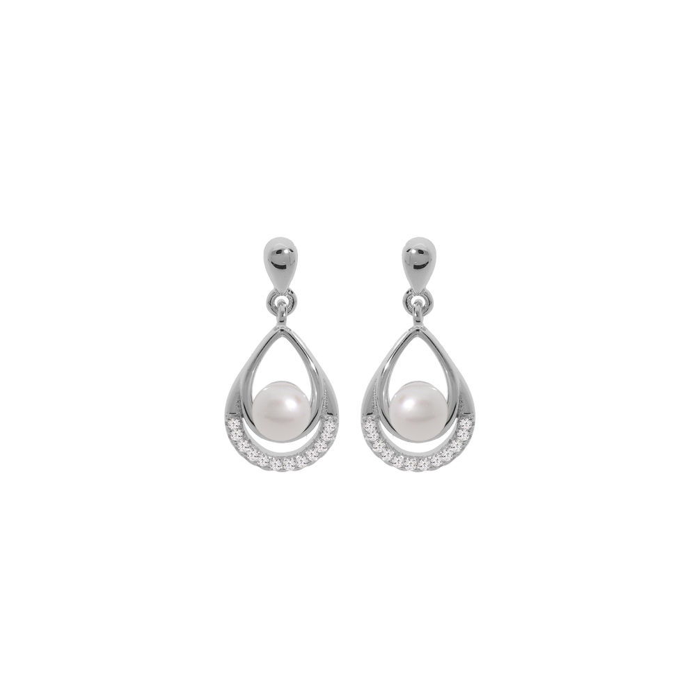 Boucles d\'oreille en argent rhodi� perle de culture d\'eau douce blanche suspendue dans goutte et oxydes blancs sertis et fermoir poussette - Vue 1