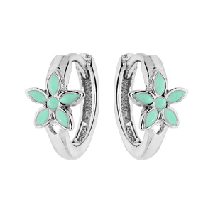 Boucles d\'oreille en argent rhodié petite créole fleur résine verte - Vue 1
