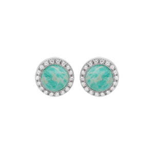 Boucles d\'oreille en argent rhodi pierre Amazonite naturelle contour d\'oxydes blancs sertis et fermoir poussette - Vue 1