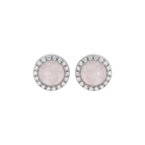 Boucles d\'oreille en argent rhodi pierre Quartz rose naturelle contour d\'oxydes blancs sertis et fermoir poussette - Vue 1