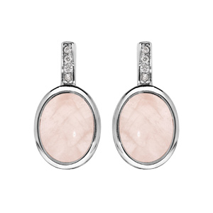 Boucles d\'oreille en argent rhodi pierre quartz rose ovale avec oxydes blancs et fermoir poussette - Vue 1
