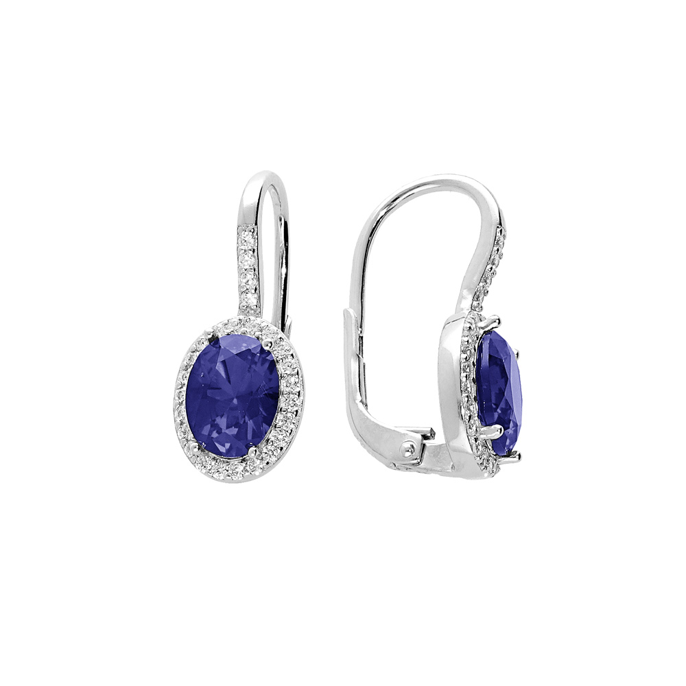 Boucles d\'oreille en argent rhodi� pierre synth�tique centrale bleue avec contour d\'oxydes blancs sertis et fermoir dormeuse - Vue 1