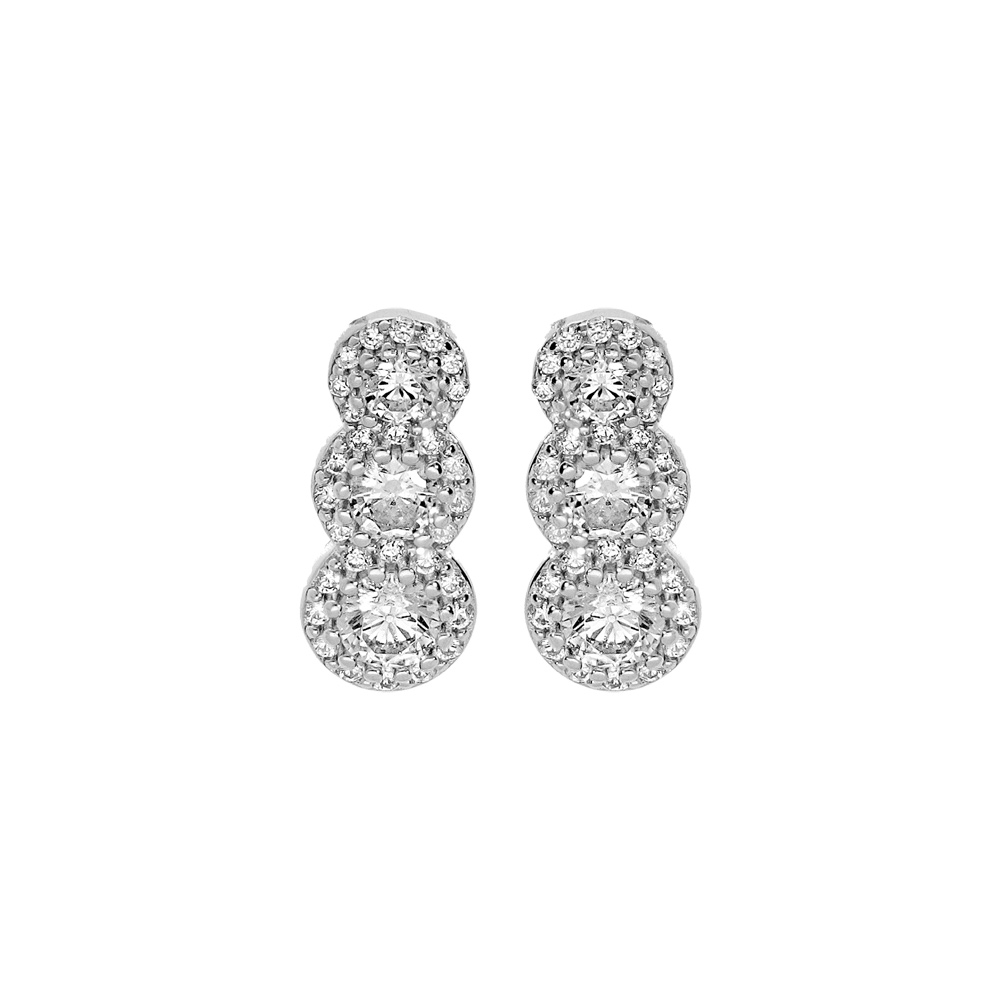 Boucles d\'oreille en argent rhodi� 3 pierres blanches en chute et contour oxydes blancs sertis et fermoir poussette - Vue 1