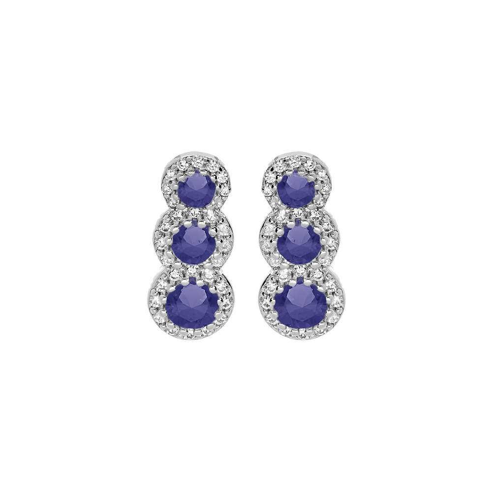 Boucles d\'oreille en argent rhodi� 3 pierres bleues en chute et contour oxydes blancs sertis et fermoir poussette - Vue 1