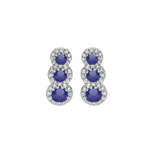 Boucles d\'oreille en argent rhodi 3 pierres bleues en chute et contour oxydes blancs sertis et fermoir poussette - Vue 1