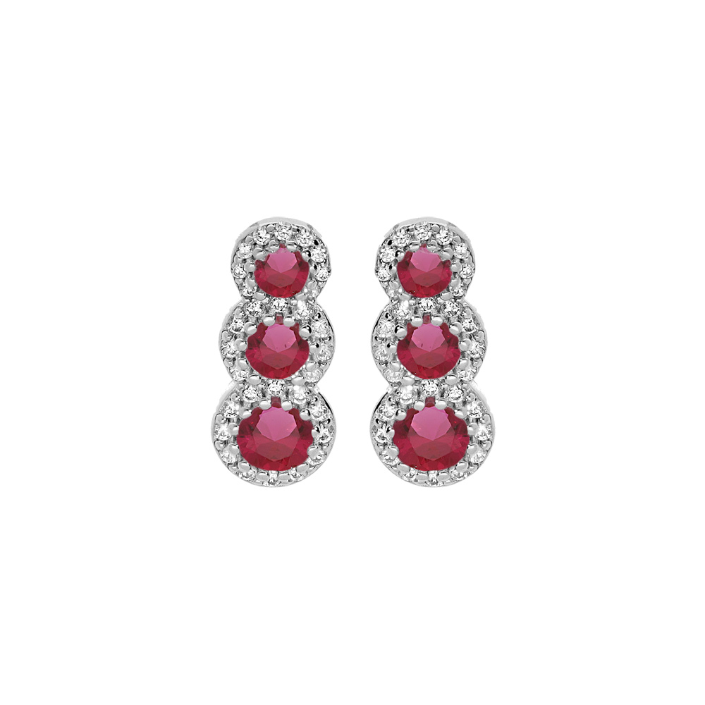 Boucles d\'oreille en argent rhodi� 3 pierres roses en chute et contour oxydes blancs sertis et fermoir poussette - Vue 1