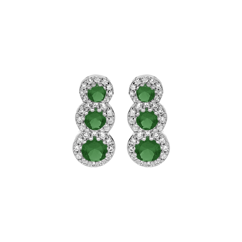 Boucles d\'oreille en argent rhodi 3 pierres vertes en chute et contour oxydes blancs sertis et fermoir poussette - Vue 1