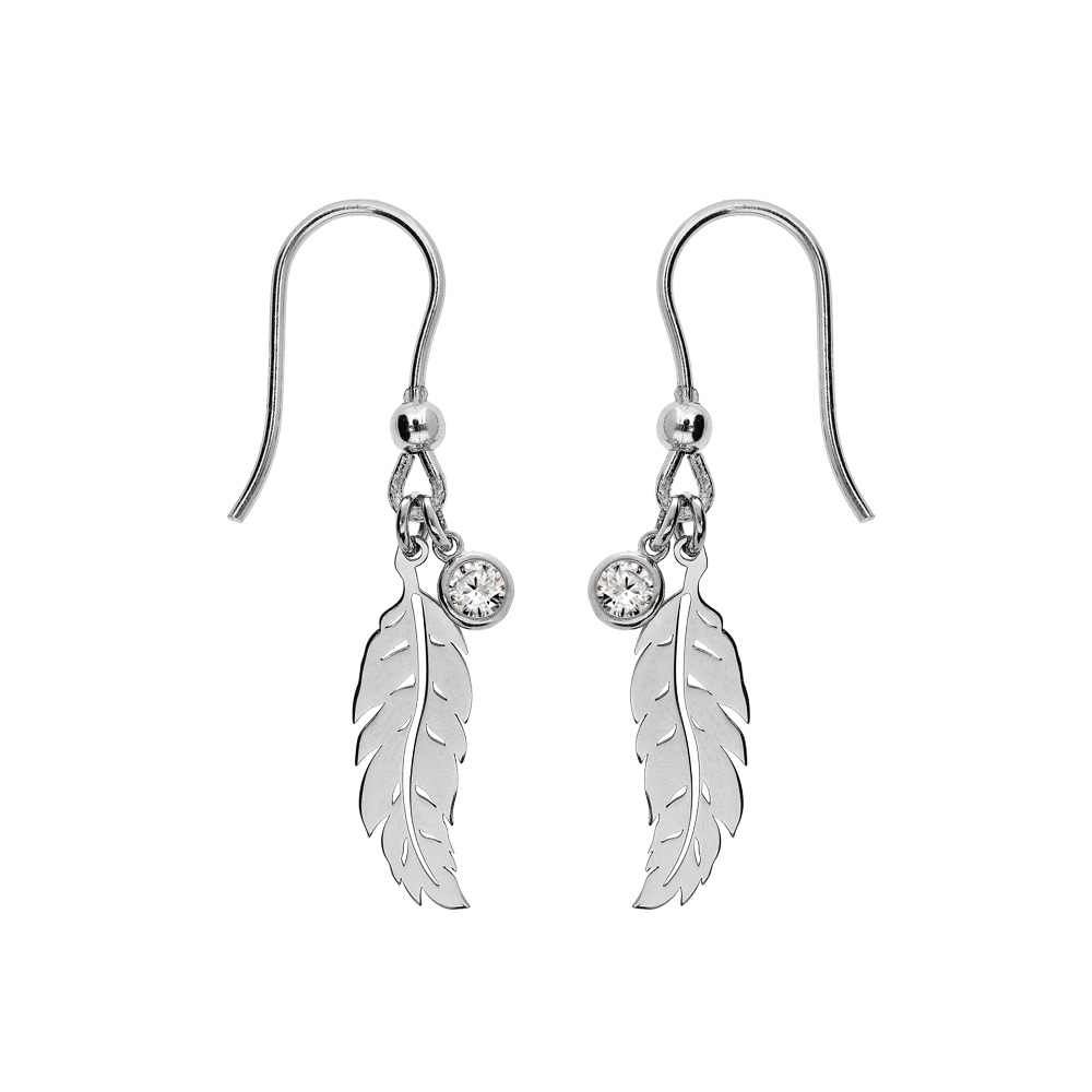 Boucles d\'oreille en argent rhodi� plume avec oxyde blanc serti clos et fermoir crochet - Vue 1