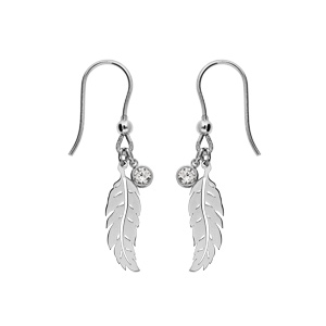 Boucles d\'oreille en argent rhodi plume avec oxyde blanc serti clos et fermoir crochet - Vue 1