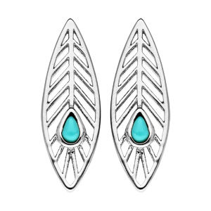 Boucles d\'oreille en argent rhodi plume avec pierre couleur turquoise et fermoir poussette - Vue 1