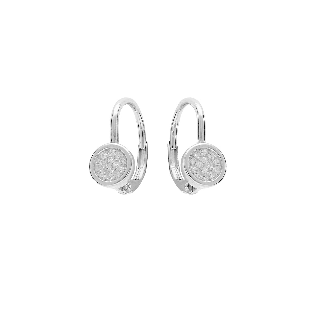 Boucles d\'oreille en argent rhodi� rond pav� d\'oxydes blancs sertis et fermoir dormeuse - Vue 1