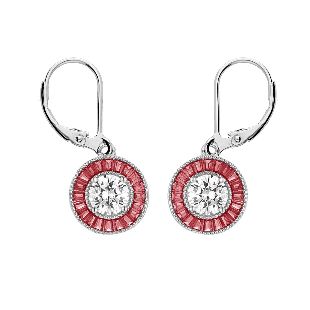 Boucles d\'oreille en argent rhodi� rond suspendu avec oxyde blanc et contour oxydes rectangulaires roses et fermoir dormeuse - Vue 1