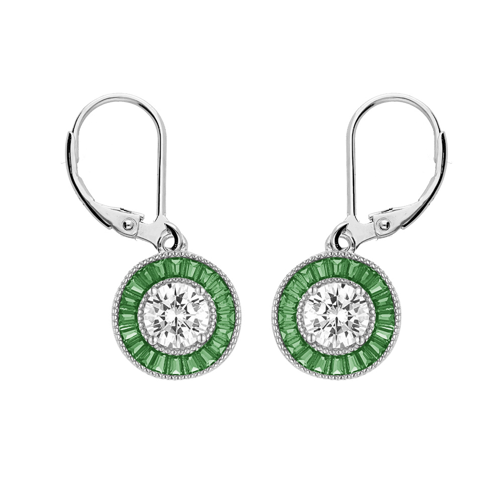 Boucles d\'oreille en argent rhodi� rond suspendu avec oxyde blanc et contour oxydes rectangulaires verts et fermoir dormeuse - Vue 1