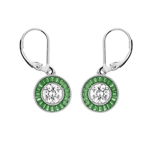 Boucles d\'oreille en argent rhodi rond suspendu avec oxyde blanc et contour oxydes rectangulaires verts et fermoir dormeuse - Vue 1