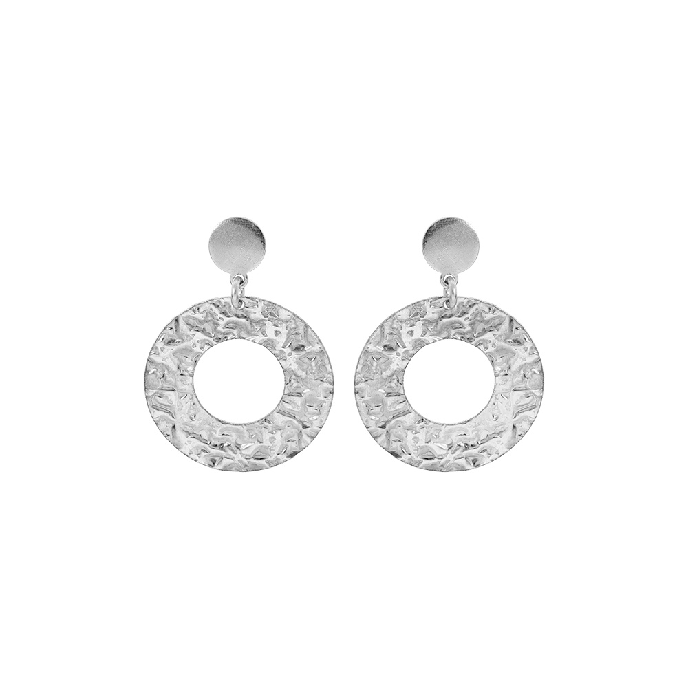 Boucles d\'oreille en argent rhodi� ronde �vid�e et martel�e avec fermoir poussette - Vue 1