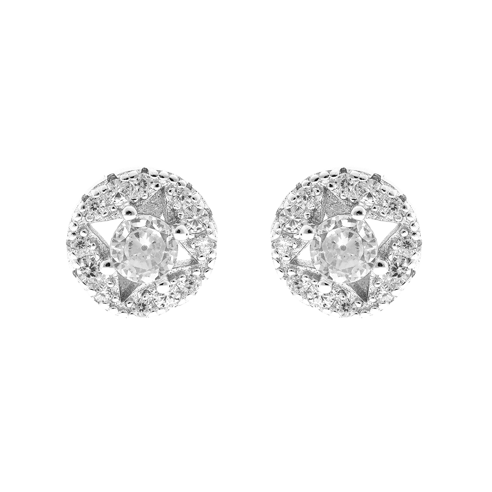 Boucles d\'oreille en argent rhodi� ronde oxydes blancs sertis et fermoir poussette - Vue 1