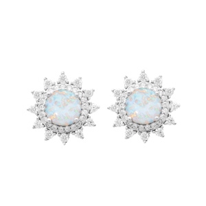 Boucles d\'oreille en argent rhodi soleil avec Opale blanche de synthse contour oxydes blancs sertis et fermoir poussette - Vue 1