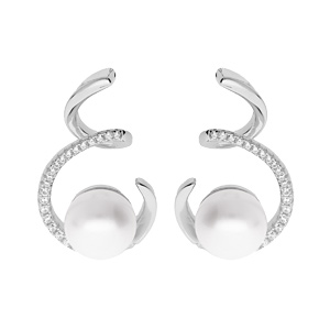 Boucles d\'oreille en argent rhodi spirale avec Perle de culture d\'eau douce blanche 8mm et oxydes blancs sertis et fermoir poussette - Vue 1