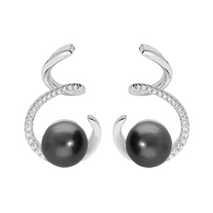 Boucles d\'oreille en argent rhodi spirale avec Perle de TTahiti vritable 7mm et oxydes blancs sertis et fermoir poussette - Vue 1