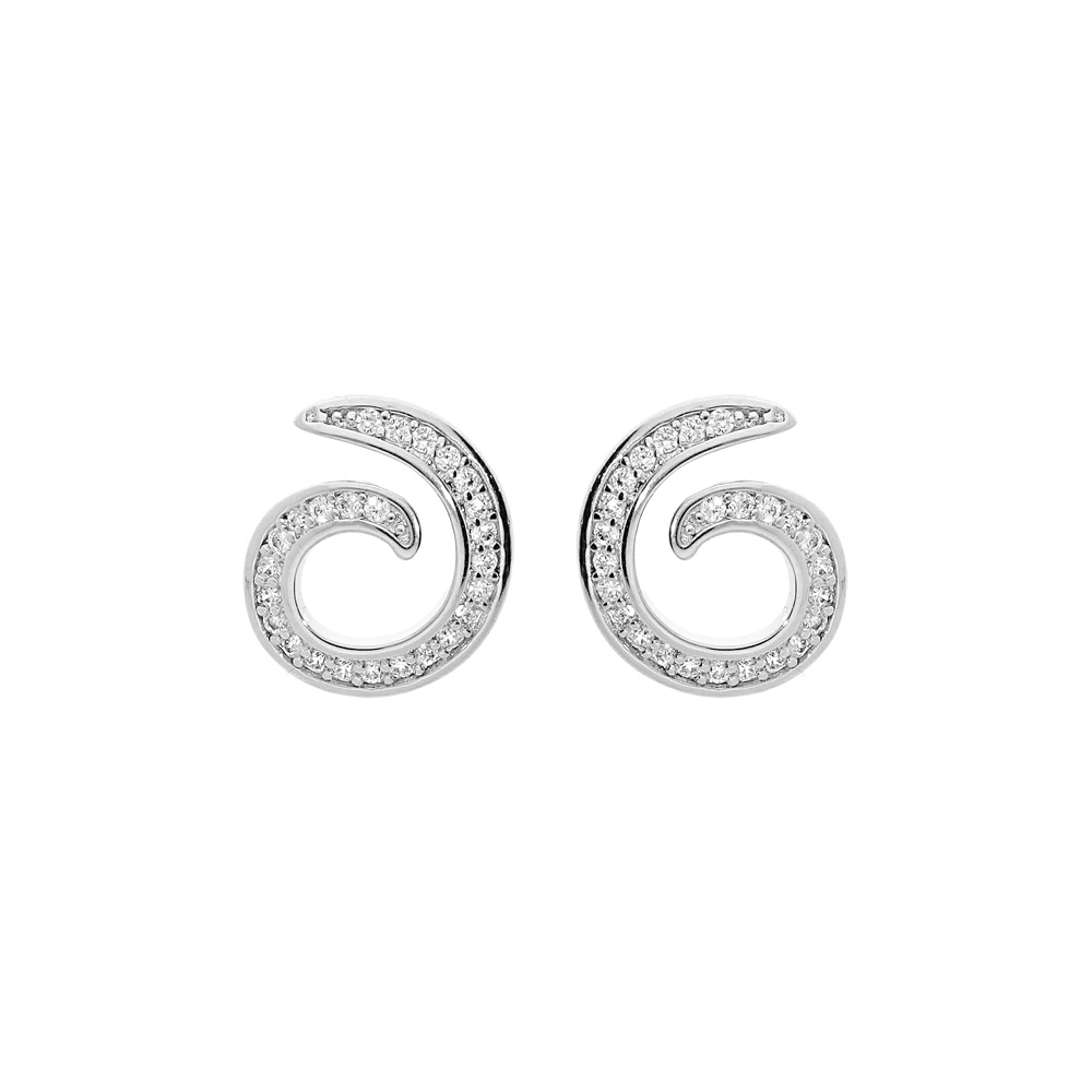 Boucles d\'oreille en argent rhodi� spirale pav�e d\'oxydes blancs sertis et fermoir poussette - Vue 1