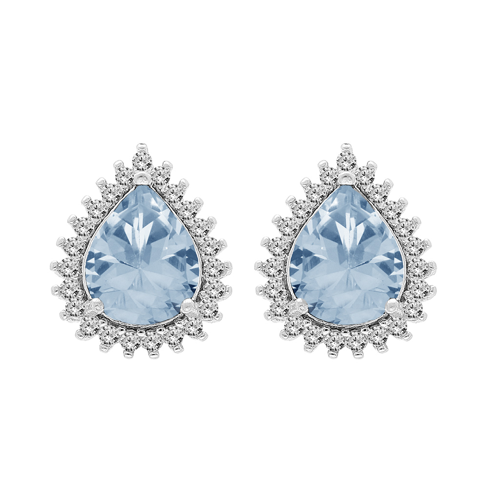 Boucles d\'oreille en argent rhodi� Topaze bleue v�ritable forme goutte 8x6 contour Topazes blanches serties et fermoir poussette - Vue 1