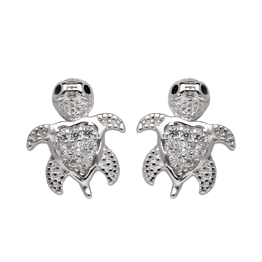 Boucles d\'oreille en argent rhodi� tortue orn�e d\'oxydes blancs sertis et fermoir poussette - Vue 1