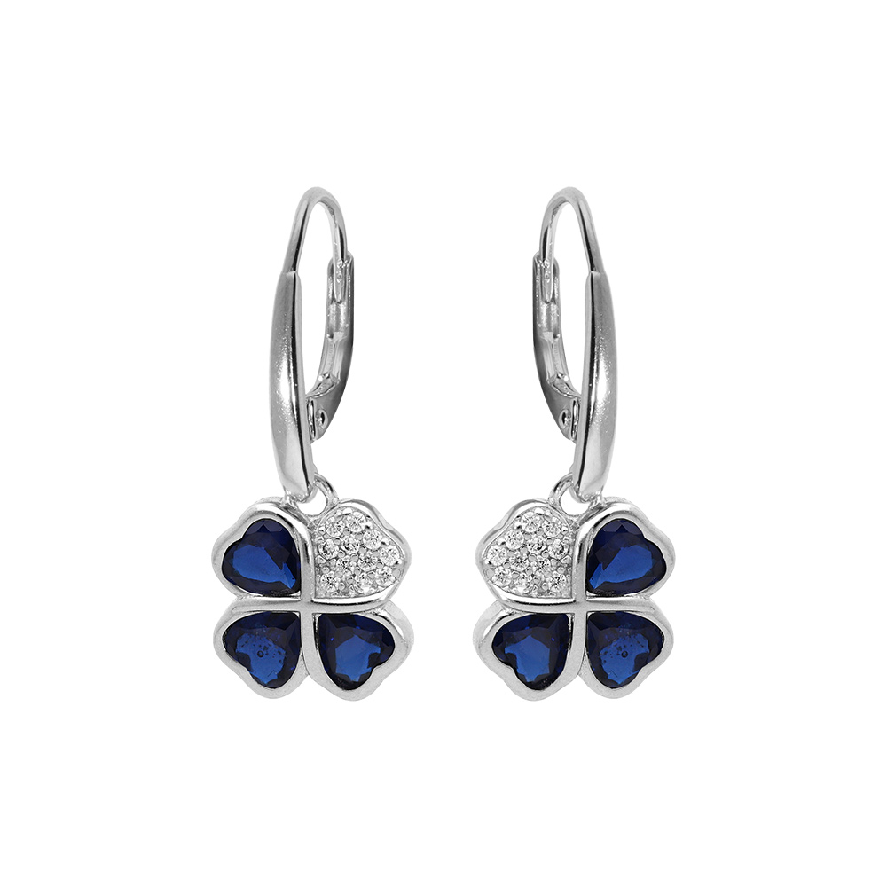 Boucles d\'oreille en argent rhodi� tr�fle et coeur avec oxydes bleus et fermoir dormeuse - Vue 1