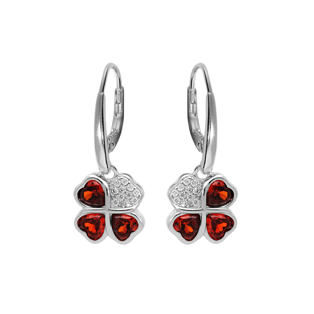 Boucles d\'oreille en argent rhodi� tr�fle et coeur avec oxydes rouges et fermoir dormeuse - Vue 1