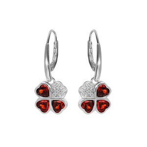 Boucles d\'oreille en argent rhodi trfle et coeur avec oxydes rouges et fermoir dormeuse - Vue 1