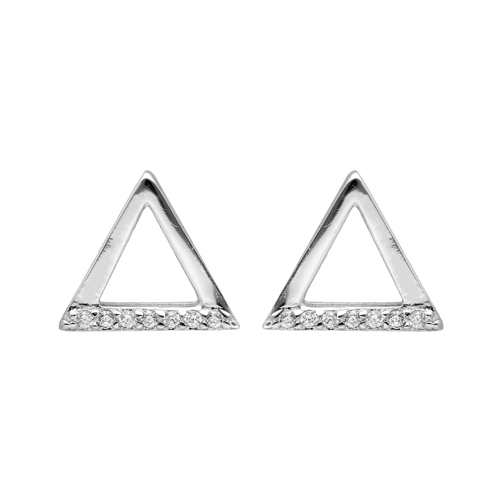 Boucles d\'oreille en argent rhodi� triangle avec oxydes blancs sertis et fermoir poussette - Vue 1