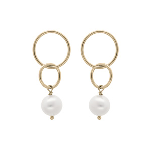 Boucles d\'oreille en plaqu or 2 anneaux et Perle de culture d\'eau douce blanche et fermoir pousette - Vue 1